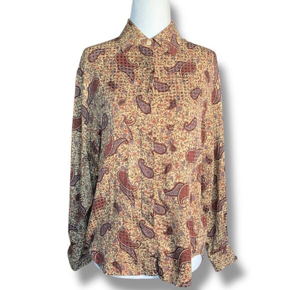 Vintage 90s Top Tan Burgundy Silk Paisley Button Front Long Sleeve Dark Floral 6 - Picture 2 of 11